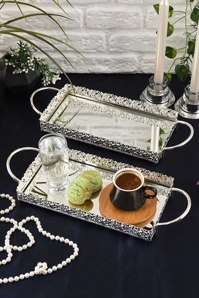 HELVACIOĞLU AKSESUAR 2 Pieces Mirrored Handled Coffee, Tea, Chocolate Presentation Tray 12X25 cm