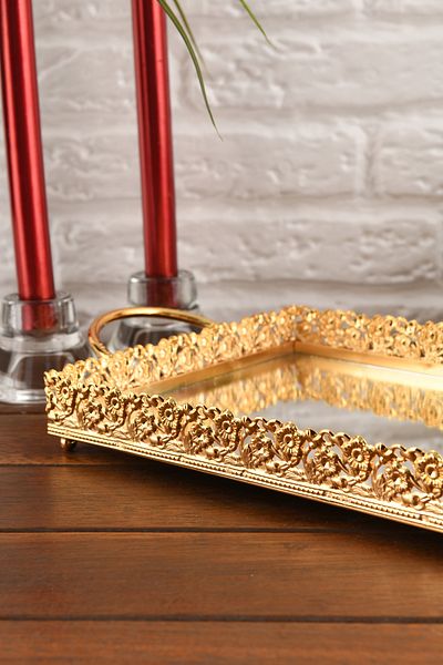 HELVACIOĞLU AKSESUAR Coffee, Tea, Chocolate Promise and Engagement Presentation Tray with Mirror and Handle 19X31 cm