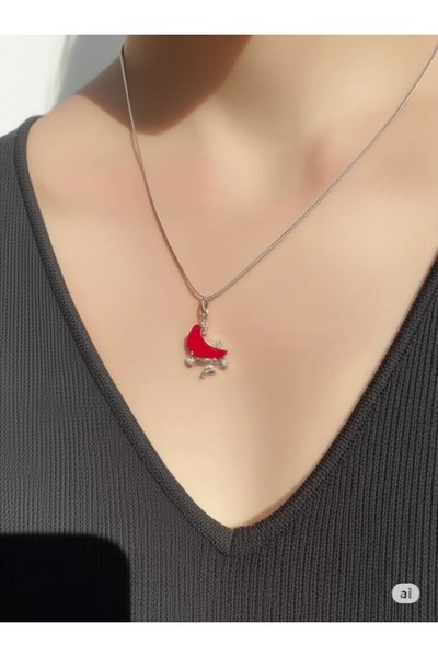 FAMEMUS ACCESSORY Elegant Steel Necklace with Moon Pattern – Women's Necklace Model with Red Enamel Detail