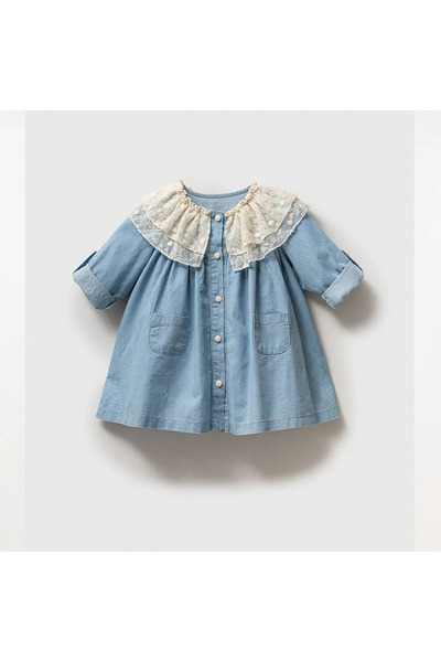 COLORFULLCLİPS Denim Lace Collar Girl's Dress-18-24 Months