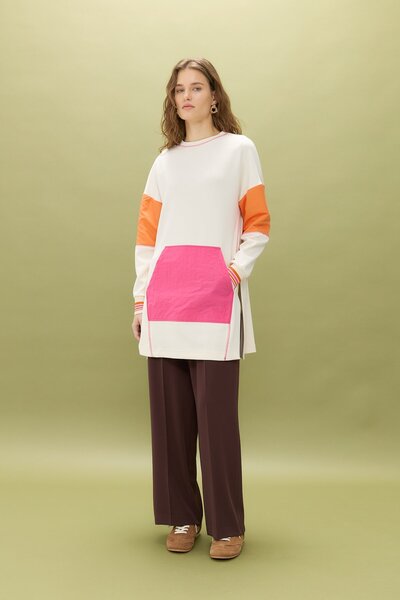 Nihan Yanlı Yırtmaçlı Kumaş Mixli Örme Sweat Ekru