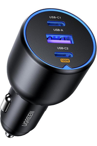 Ugreen شاحن سيارة ماك بوك 130 واط شحن سريع، شاحن سيارة USB بثلاثة منافذ من النوع C
