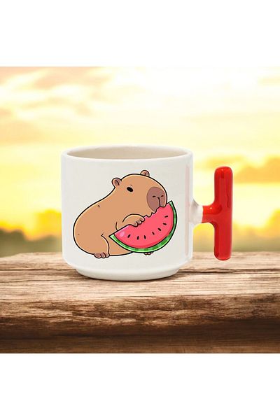 BB TRADE Capybara Watermelon Designed Red t Handle Ceramic Printed Mug 250 ml