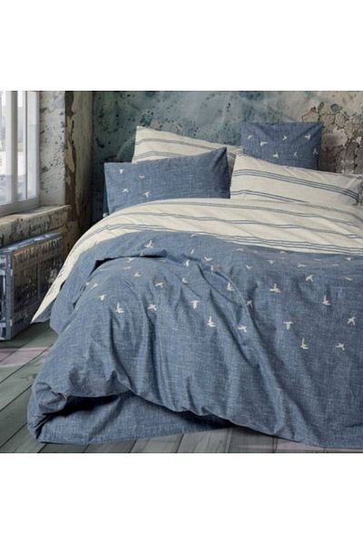 Cotton Box Double Bed Linen with Bird Embroidery, Duvet Cover 200x220cm, Ceria Blue