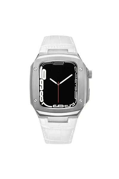 O Ozone Stainless Steel Case with Genuine Leather Watch Band for Apple Watch 44mm 45mm - White