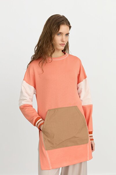 Nihan Yanlı Yırtmaçlı Kumaş Mixli Örme Sweat Turuncu