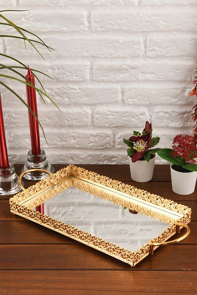 HELVACIOĞLU AKSESUAR Coffee, Tea, Chocolate Promise and Engagement Presentation Tray with Mirror and Handle 19X31 cm