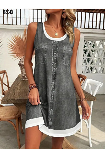 Modayakamoz Kadın Askılı Yuvarlak Yakalı Kot Görünümlü Kısa Süprem Elbise