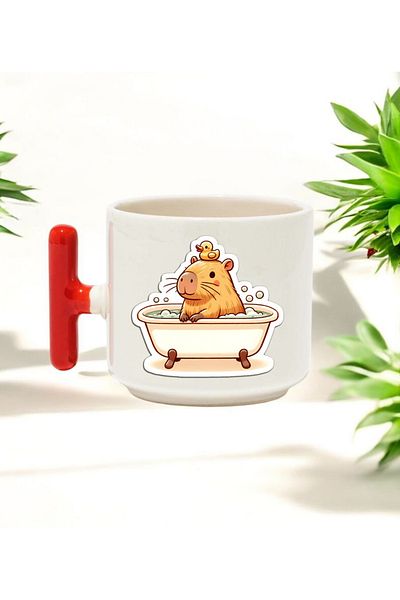 BB TRADE Ceramic Printed Mug with Capybara Shower Design and Red t Handle 250 ml
