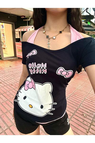 Wisevelya Ροζ Hello Kitty Τεμαχισμένο Crop