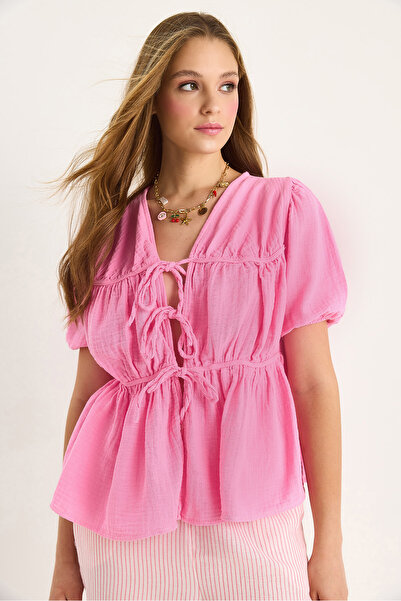 Bianco Lucci Kadın Bağlama Detaylı Kısa Kollu Müslin Bluz 1024 60283459