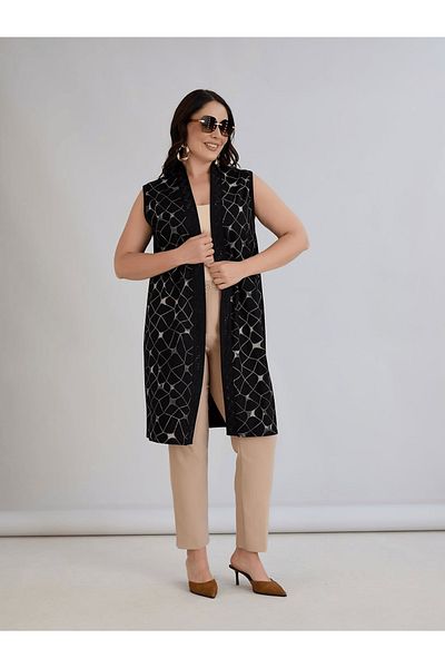 ModaMinar Women's Square Patterned and Stone Detailed Crystal Combed Cotton Fabric Long Vest