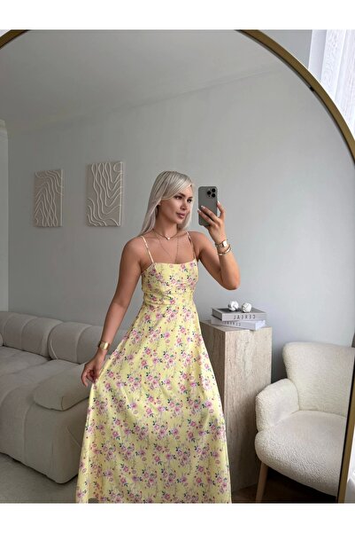 Zora Butik Smock Sırt Detaylı Çiçekli Elbise - SARI