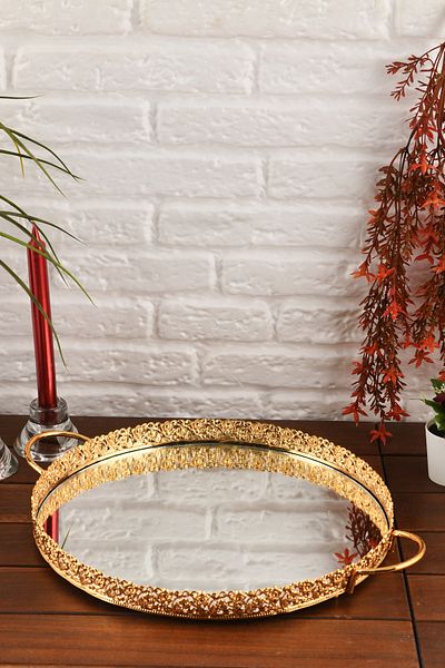 HELVACIOĞLU AKSESUAR Coffee, Tea, Chocolate Presentation Tray with Mirror Handle 35 cm Gold
