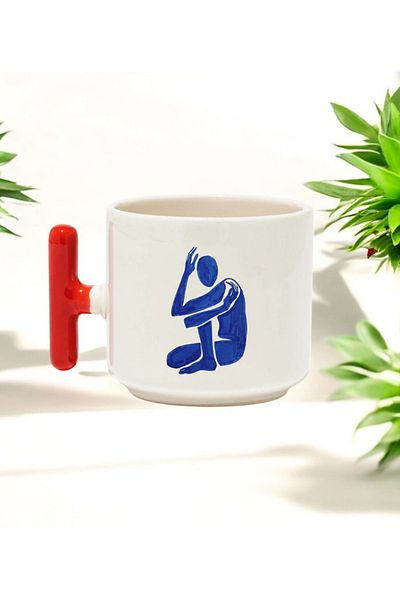 BB TRADE Blue Man Designed Red t Handled Ceramic Printed Mug Cup 250 ml