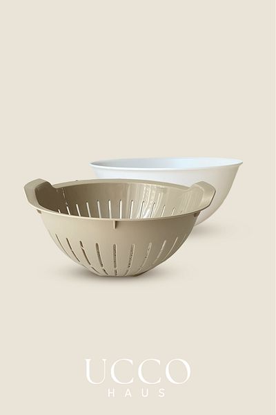 UCCO Set of 2 Beige Colander with Bowl, 3 Liter Multi-Purpose Vegetable and Fruit Washing, Straining and Bowl Set