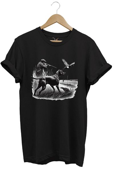 WİDİ Tricou negru cu tematică de vânătoare pentru vânătoare de păsări și câine de vânătoare, 100% bumbac, cu croiala normală