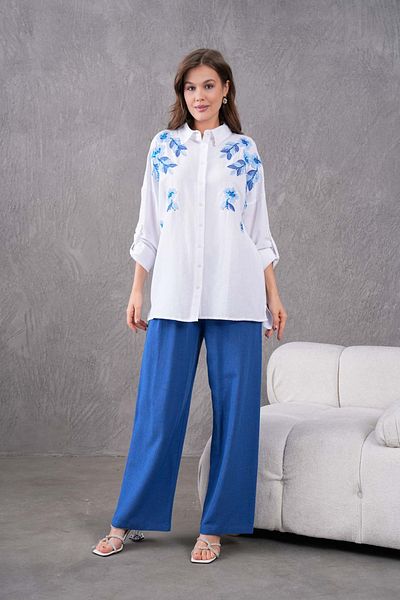 MVStore Women's Leaf Pattern Embroidery Embroidered Linen Oversized Shirt and Pants