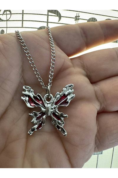 Herşey Nota Red Enamel Gothic Butterfly Unisex Necklace – Symbol of Passion and Freedom