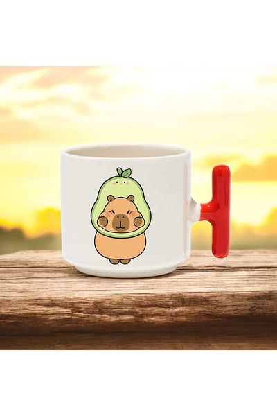 BB TRADE Ceramic Printed Mug with Sweet Capybara Design and Red t Handle 250 ml