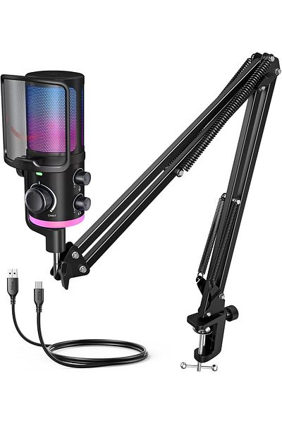 Fifine AM6T USB Streaming Microphone for PC Gaming, Professional Condenser Mic with RGB, Noise Cance