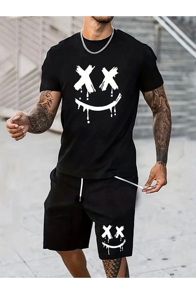 Viyamo Men's Short Sleeve Crew Neck Printed Blouse Drawstring Short Two Thread Set
