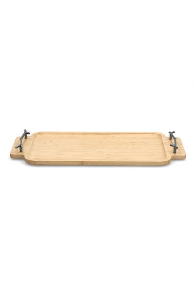 Bien Servi Durable Rectangular Bamboo Serving Tray with Metal Handle Brown