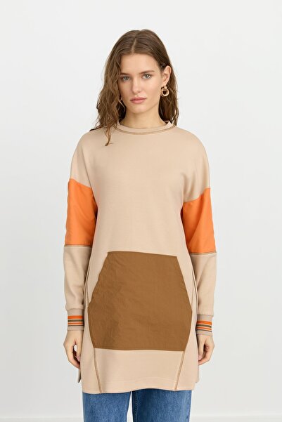 Nihan Yanlı Yırtmaçlı Kumaş Mixli Örme Sweat Camel