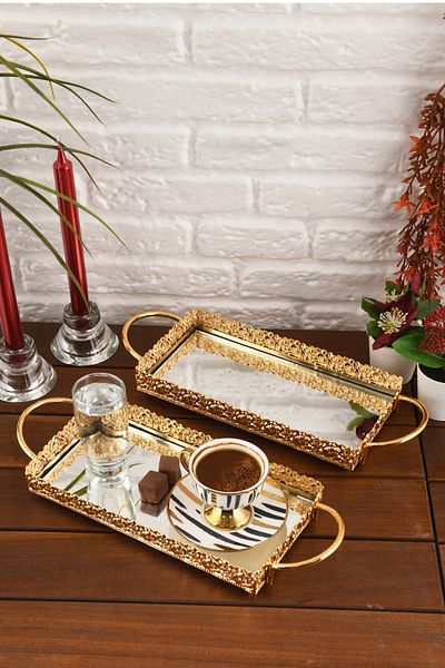 HELVACIOĞLU AKSESUAR 2 Pieces Mirrored Handled Coffee, Tea, Chocolate Presentation Tray 12X25 cm