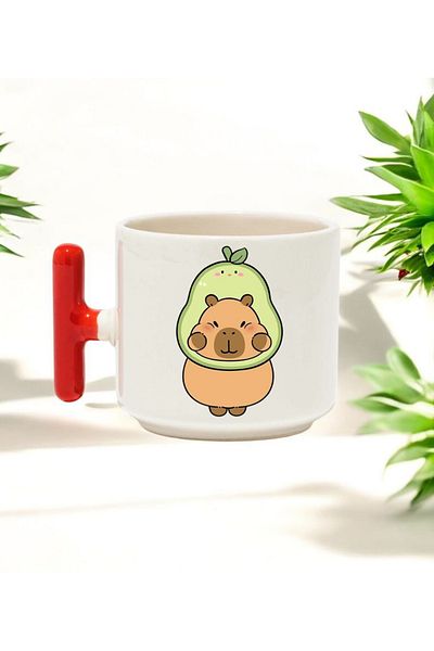 BB TRADE Ceramic Printed Mug with Sweet Capybara Design and Red t Handle 250 ml