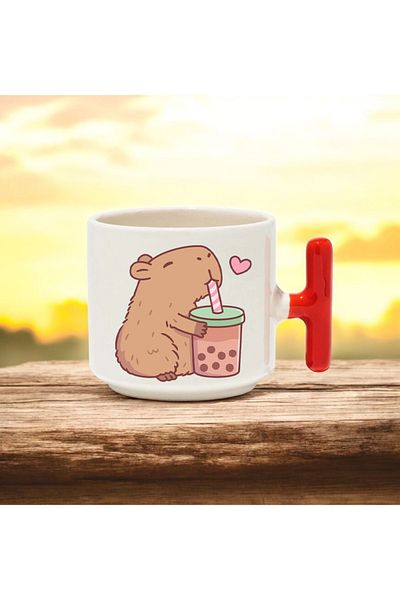 BB TRADE Capybara Coffee Designed Red t Handle Ceramic Printed Mug Cup 250 ml