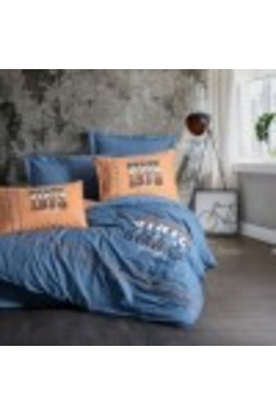 Cotton Box Lenjerie de pat dublu cu broderie, cearceaf pilota 200x220cm, Cotton Box, State Albastru