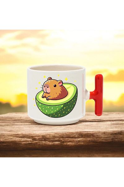 BB TRADE Capybara Avocado Designed Red t Handle Ceramic Printed Mug Cup 250 ml