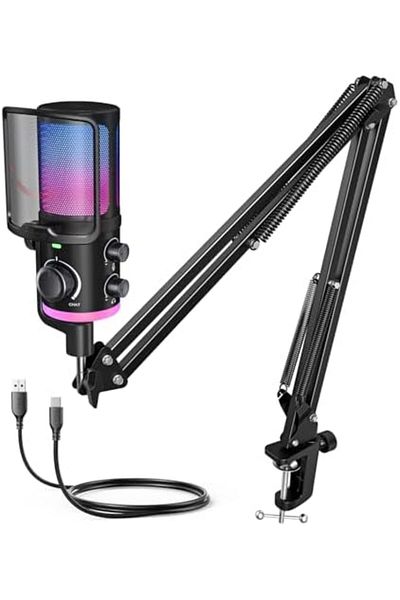 Fifine AM6T USB Streaming Microphone for PC Gaming, Professional Condenser Mic with RGB, Noise Cance