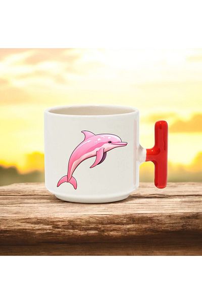 BB TRADE Pink Dolphin Designed Red t Handle Ceramic Printed Mug Cup 250 ml