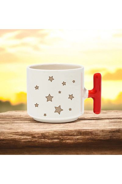 BB TRADE Red T-Handled Ceramic Printed Mug with Brown Stars Design 250 ml