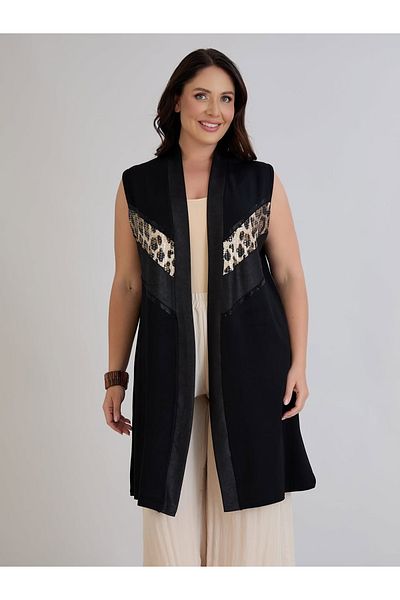ModaMinar Women's Leopard Pattern Detailed Crystal Combed Cotton Fabric Long Vest