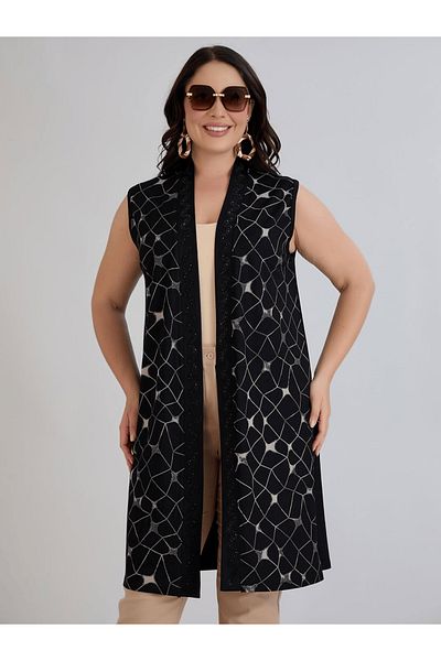 ModaMinar Women's Square Patterned and Stone Detailed Crystal Combed Cotton Fabric Long Vest