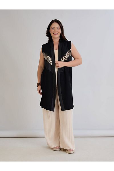 ModaMinar Women's Leopard Pattern Detailed Crystal Combed Cotton Fabric Long Vest