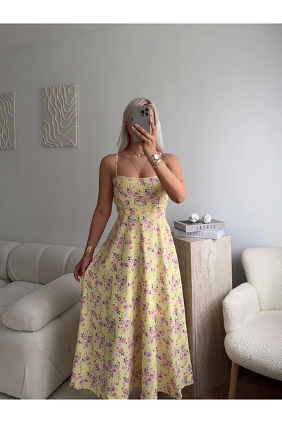 Zora Butik Smock Sırt Detaylı Çiçekli Elbise - SARI