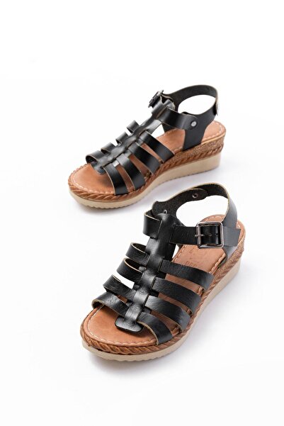 Aymood 731-204 Black Genuine Leather Wedge Heeled Daily Women's Sandals