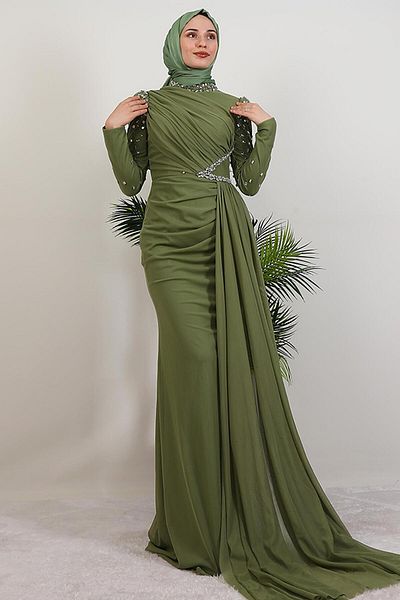 GİYZAMİLA Gülşen Hijab βραδινό φόρεμα απαλό πράσινο
