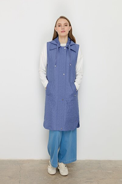 Nihan İnce Kapitone Seyyar Kapşonlu Yelek İndigo
