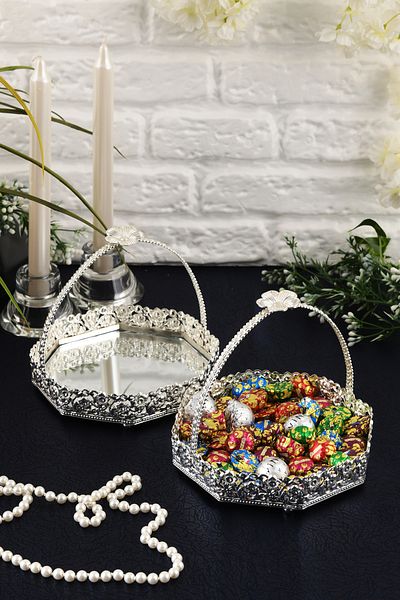 HELVACIOĞLU AKSESUAR 2 Pieces Top Handle Mirrored Sugar Bowl, Chocolate Bowl, Turkish Delight Bowl, Cookie Bowl 15 cm