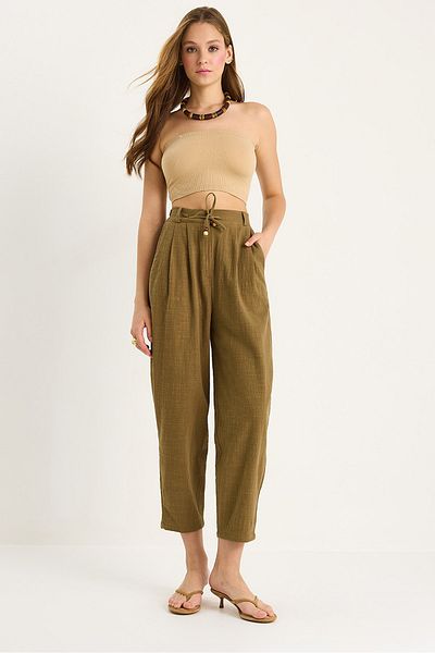Bianco Lucci Women's Elastic Waist Tie Detailed Linen Carrot Trousers 3413 60283460