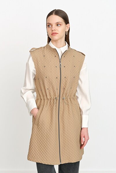 Nihan İnce Kapitone Beli Büzgülü Yelek Bej
