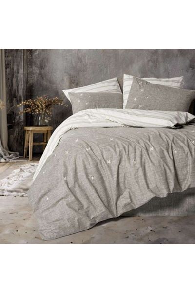 Cotton Box Double bed linen with leaf embroidery, duvet cover 200x220cm, Moke Beige/Grey