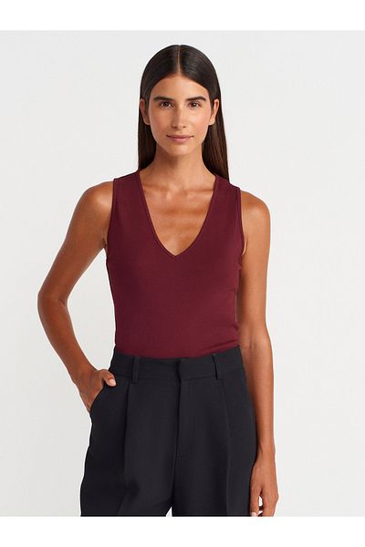 Dilvin 21080 V-Neck Sleeveless Top-Burgundy