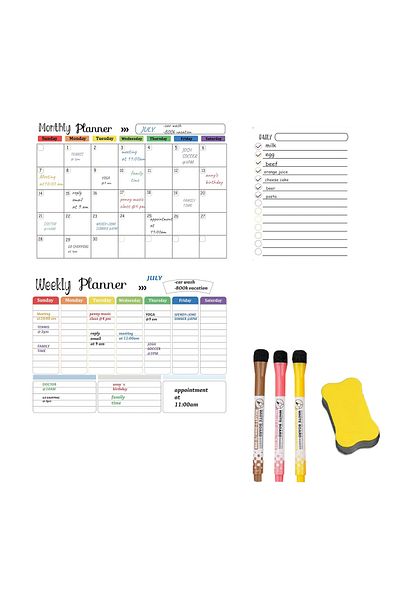 Leexo Set 3 bucati planificator magnetic frigider Monthly, week, daily, 3 markere, laveta, 41.5x30 cm