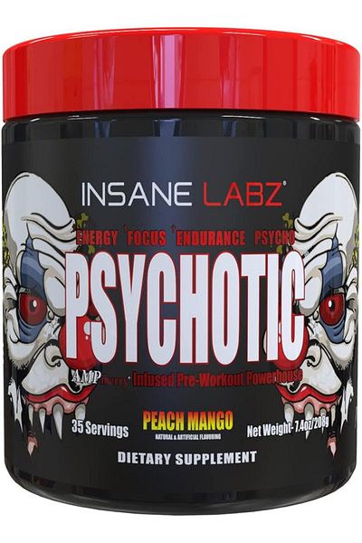 insane labz Psychotic, Infused Pre Workout, Peach Mango, 208g, 35 Servings